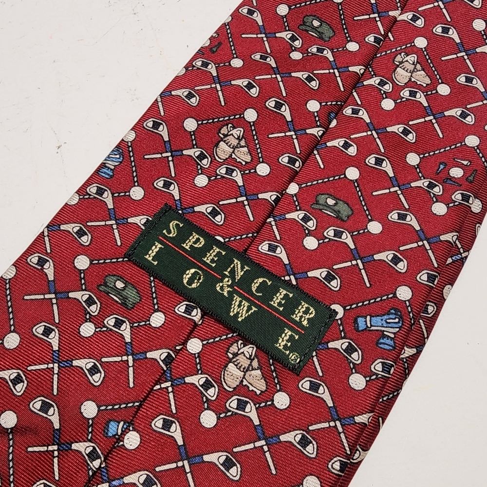 SPENCER & LOWE Golf Balls and Clubs Men Tie Red  Silk Necktie Made in USA